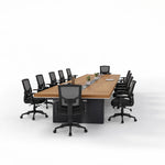 Accord walnut conference table viewed from the end with black mesh chairs