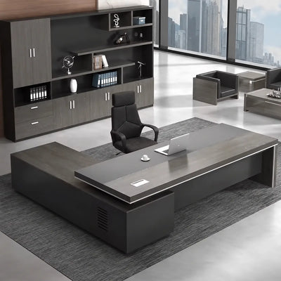 Gray oak Acumen executive desk with right return in a high-rise CEO office with wall storage