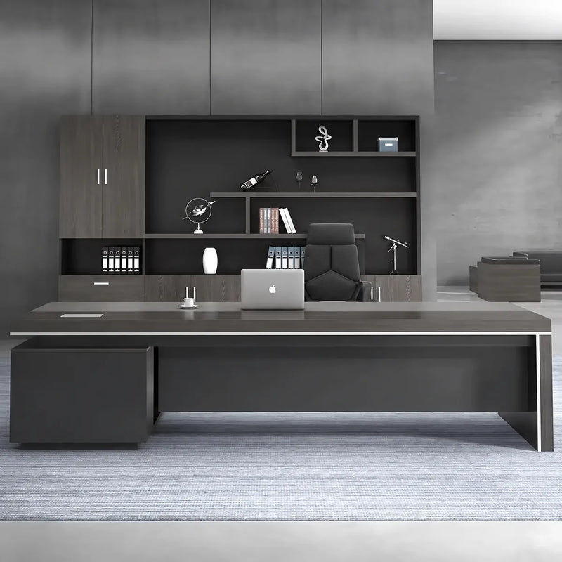 Acumen grand executive desk in gray oak stretching across a modern office wall