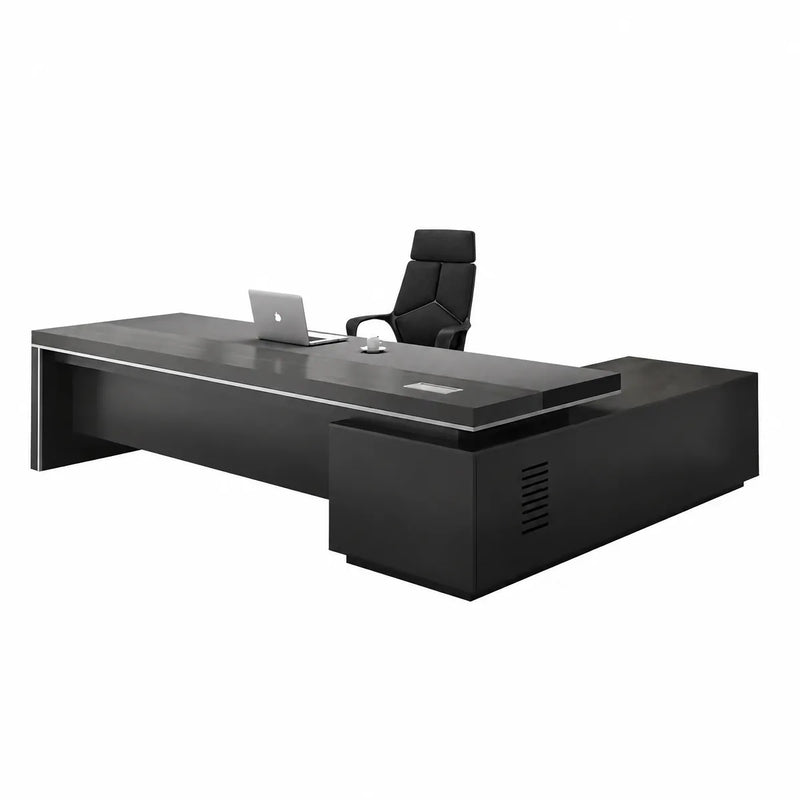 Acumen modern desk in gray oak and black, right return, on a plain studio background