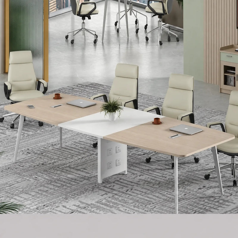 Affney 10′6″ (126-inch) conference room table in elm seating 10 in gray mesh chairs on a patterned carpet