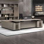 Walnut Ainley executive desk with right return in a dark-paneled CEO office