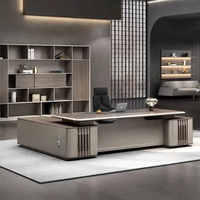 Walnut Ainley executive desk with right return in a dark-paneled CEO office