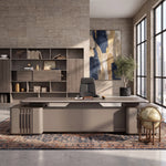 Ainley executive desk facing a gallery shelf wall, walnut top with fluted metallic pedestals