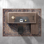 Top-down view of the Ainley desk in walnut showing the leather desk pad and return layout