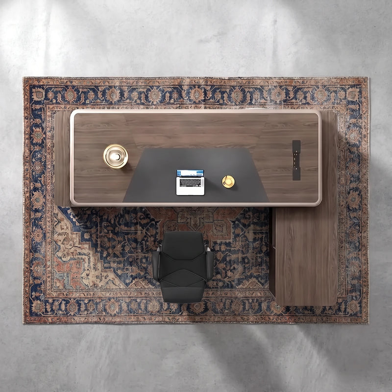 Top-down view of the Ainley desk in walnut showing the leather desk pad and return layout