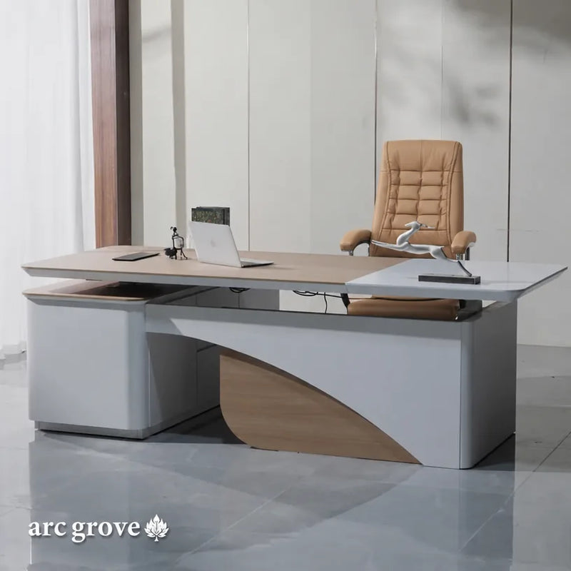 Albion modern executive desk in white, seen from the front with black task chair