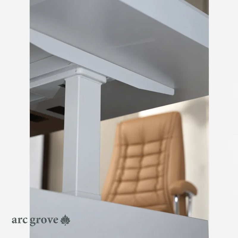 White lift column under the Albion desktop, part of the height adjustable frame