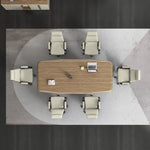 Overhead view of the Alderley coworking meeting table seating 6 on a round rug