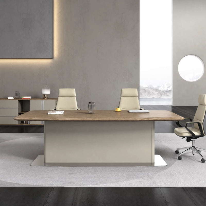 Alderley small conference table with two chairs facing a wall of pebble-glass windows