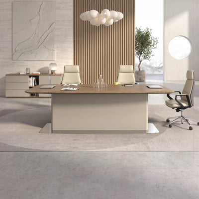 Alderley small conference table with two chairs facing a wall of pebble-glass windows