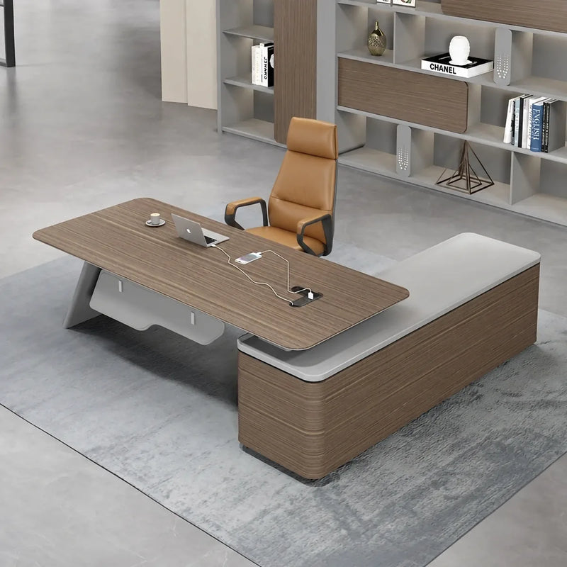 Brown and gray Aldiss L-shaped desk, left return, with desktop cable tray