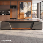 Alford executive desk seen straight on, with a cognac leather strip along the front panel