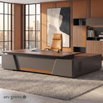 Alford L-shaped executive desk, mirrored layout, in an office with leather wall panels and city windows