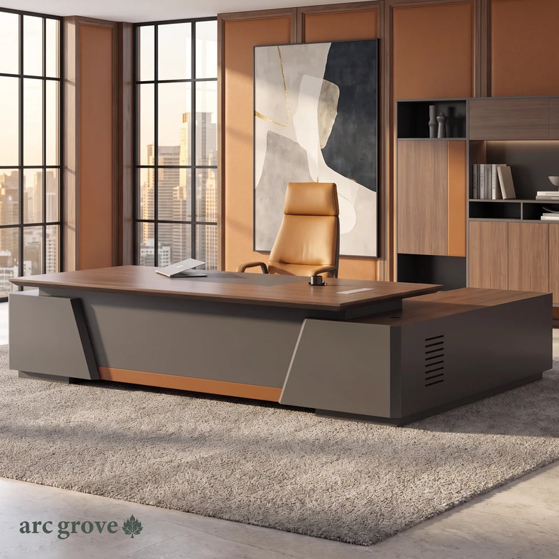 Alford L-shaped executive desk, mirrored layout, in an office with leather wall panels and city windows
