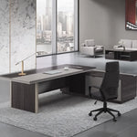Dark gray oak Allard desk, 9′6″ (114.2-inch) width, with high-back leather chair