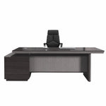 Allard desk facing forward, fluted modesty panel between dark gray oak pedestals