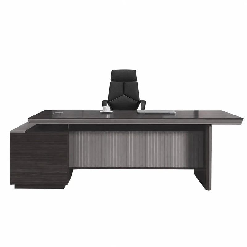 Allard desk facing forward, fluted modesty panel between dark gray oak pedestals