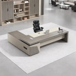 Altair executive desk in walnut and cream, right return, in a feminine executive office with display wall