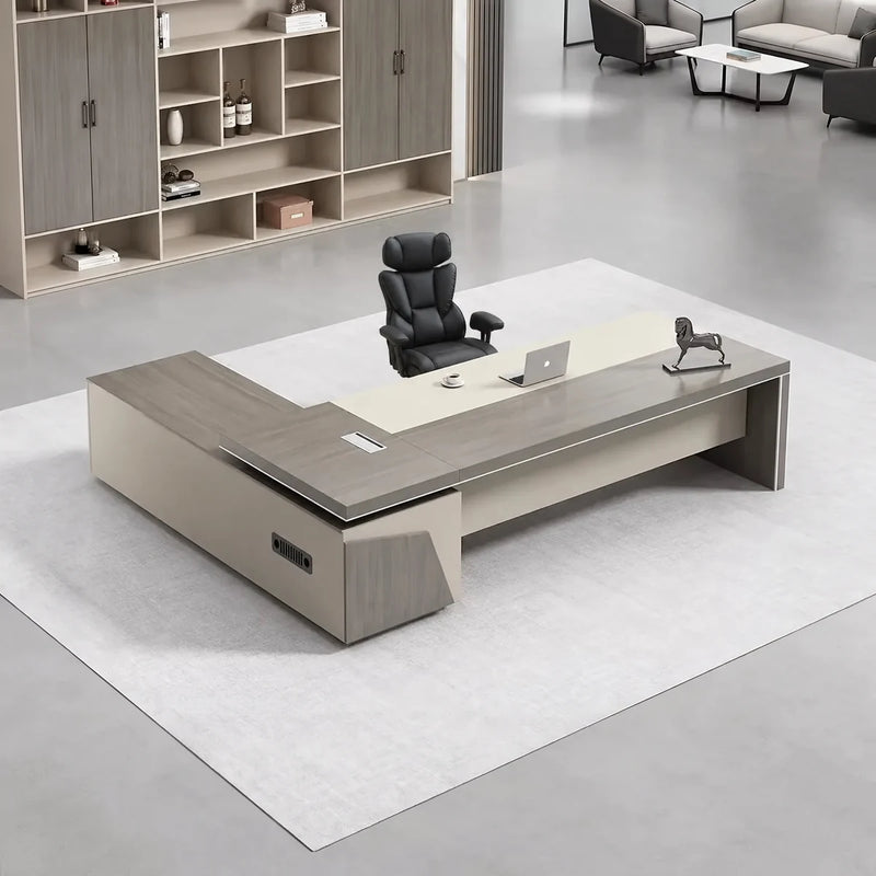 Altair executive desk in walnut and cream, right return, in a feminine executive office with display wall
