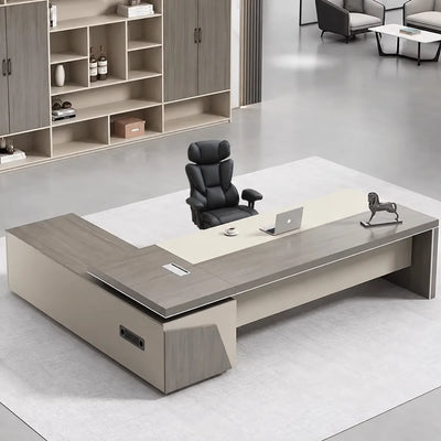 Altair executive desk in walnut and cream, right return, in a feminine executive office with display wall