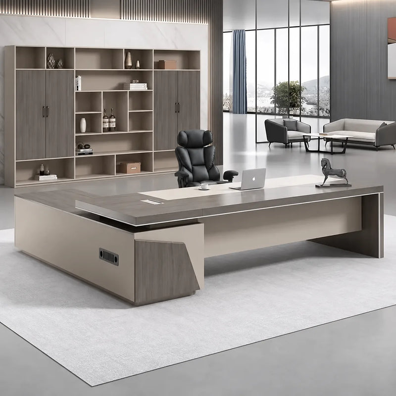 Walnut Altair L-shaped desk in a CEO office with lounge seating by the windows