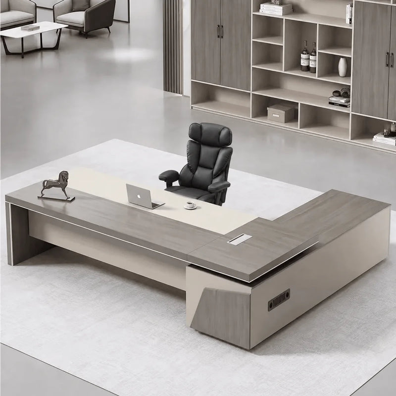 Altair desk in walnut and cream, left return, with sculptural bookcase wall behind