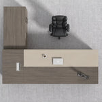 Top-down view of the Altair desk in walnut and cream showing the return cabinet layout