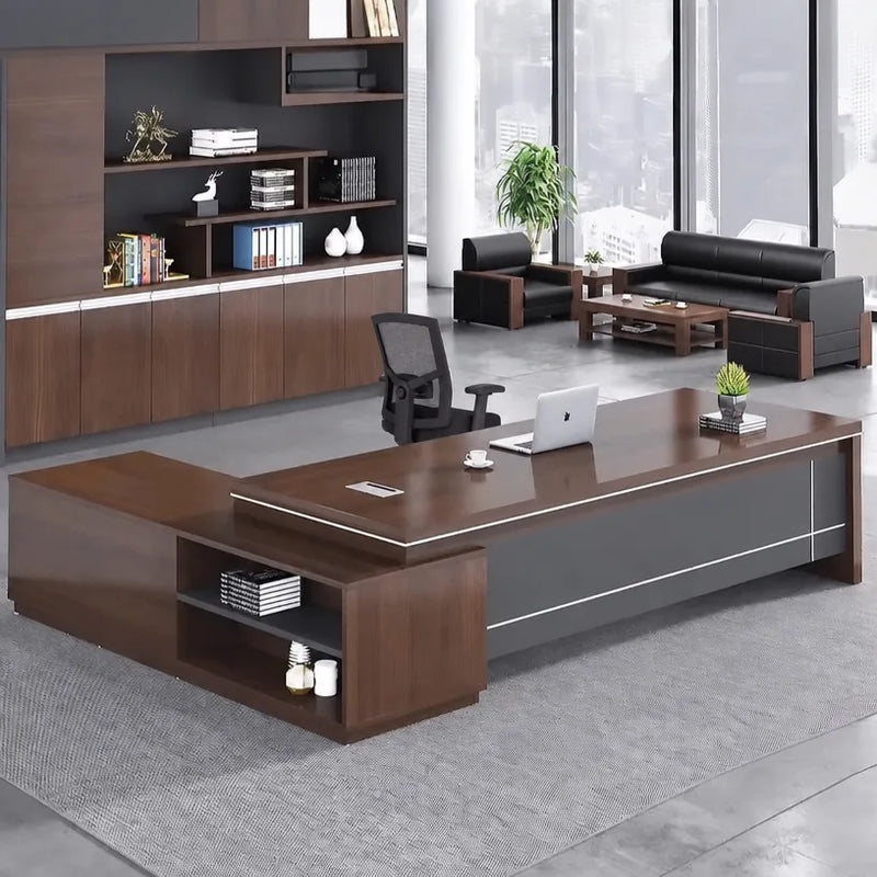 Walnut Altona executive desk with gray modesty panel in a high-rise CEO office