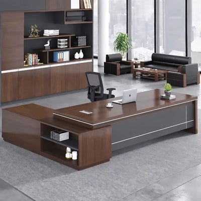 Walnut Altona executive desk with gray modesty panel in a high-rise CEO office