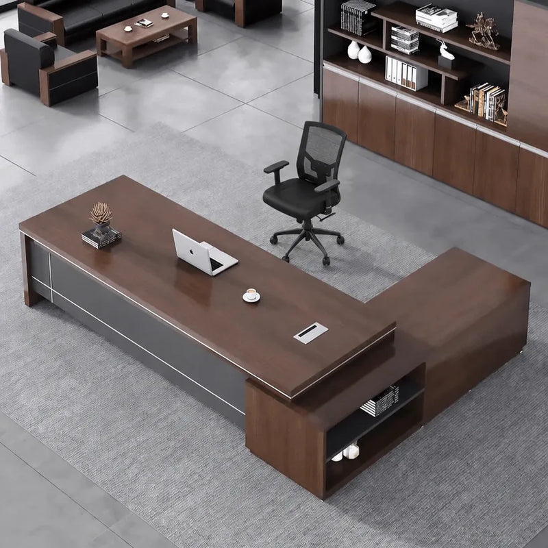 Altona L-shaped desk, left return with open shelving, seen from overhead