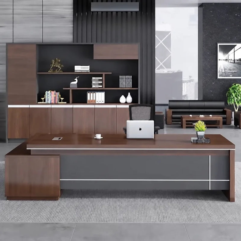 Altona executive desk in walnut and gray in a dark-paneled loft office