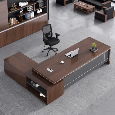 Walnut Altona desk with right return and open-shelf cabinet, overhead angle