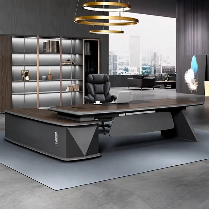Walnut Alwin executive desk with right return in a dramatic dark office with brass ring lights