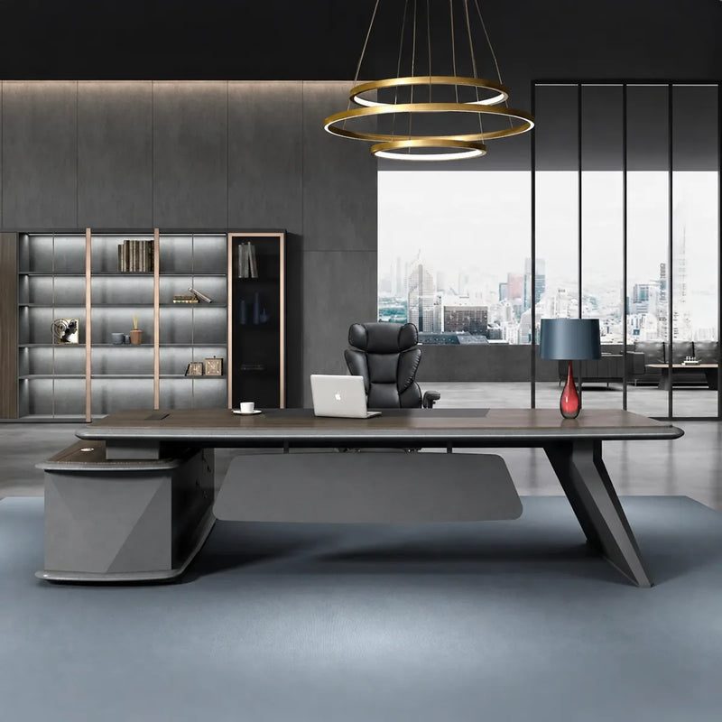 Alwin executive desk facing the window wall in a moody skyline office