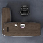 Top-down view of the Alwin desk in walnut showing the desktop port and return chair