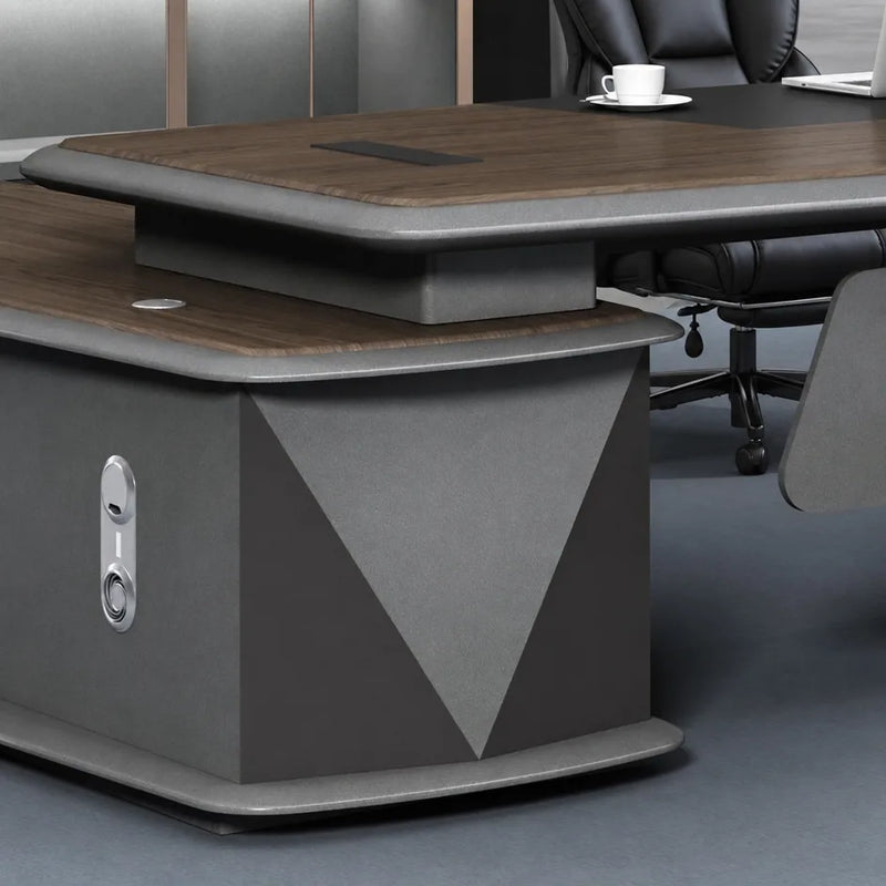 Diamond-faceted pedestal of the Alwin desk in two-tone gray