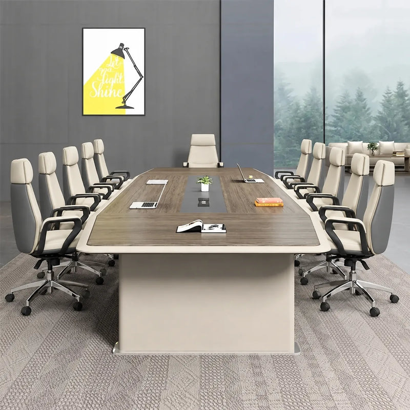 Alwyn briefing table in walnut with cream leather high-back chairs on a woven rug