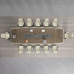 Overhead view of the Alwyn walnut boardroom table seating 12, with charging outlets along the center