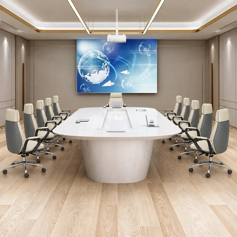 Amica large white conference table seating 12 facing a projector screen in a paneled boardroom