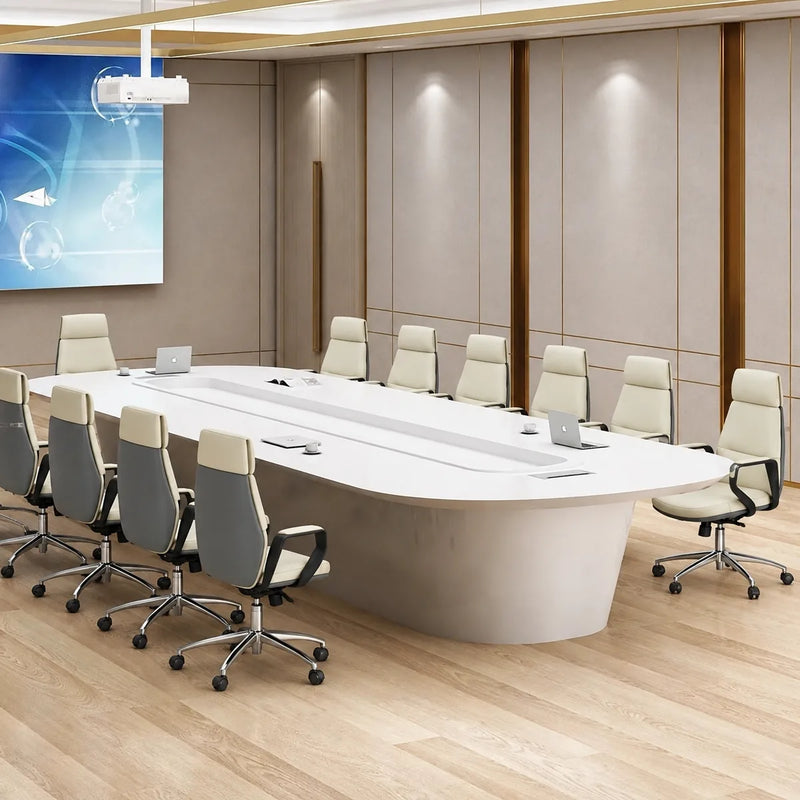 Amica white high-gloss meeting table with ten white leather chairs on light wood flooring