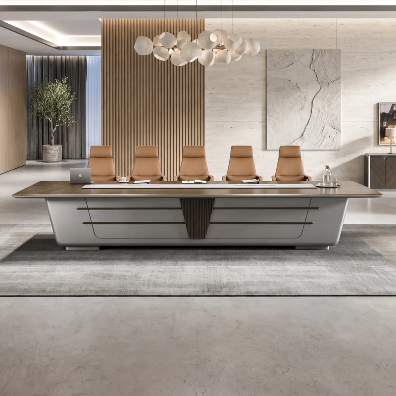 Amiens executive boardroom table with tan leather chairs against a black stone feature wall