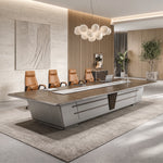Amiens 15′9″ (189-inch) large conference table seating 14, with four leather chairs shown