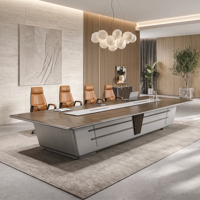 Amiens 15′9″ (189-inch) large conference table seating 14, with four leather chairs shown