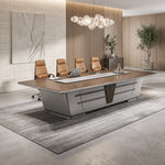 Amiens gray boardroom table with a walnut-tone top and powered center inlay, four chairs