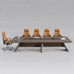 Amity modern conference table in brown and gray with a leather-look inlay and angled panel legs, 12′ or 15′9″ (144 or 189-inch) length