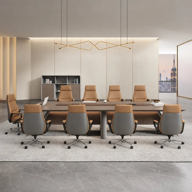 Amity corporate boardroom table in brown and gray with tan chairs in a cream room with a city window