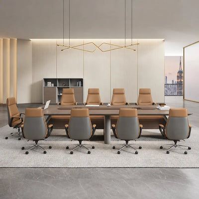 Amity corporate boardroom table in brown and gray with tan chairs in a cream room with a city window