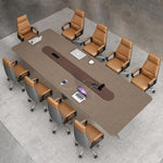 Overhead view of the Amity conference table seating 10, with laptops and the powered center rail