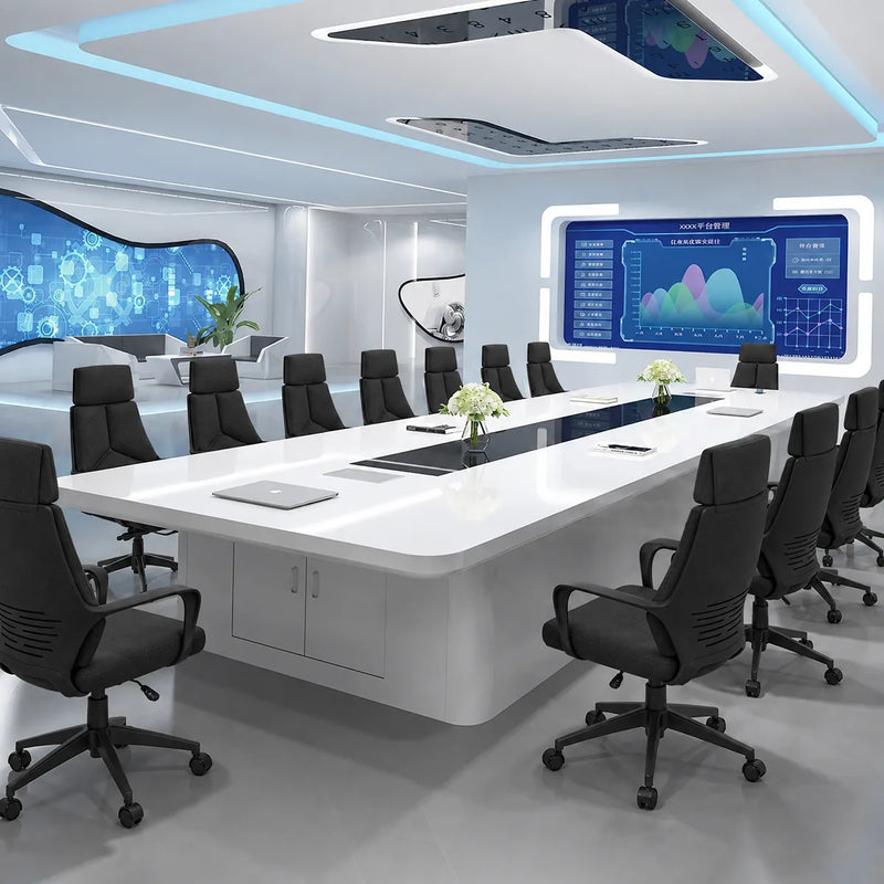 Amix large conference table with orange and white leather chairs in a bright tech-style meeting room